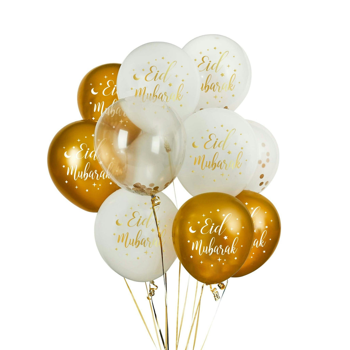 Cover image for Eid Mubarak Balloons - Moon & Star - White, Clear & Gold Confetti 2026, isbn: 9980000000185